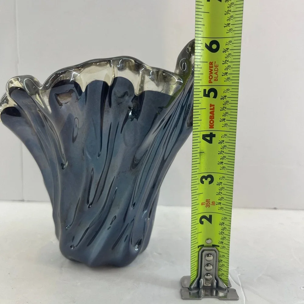 VTG Murano Style‎ Handkerchief Art Glass Vase Brown Swirl Ruffle Hand Blown